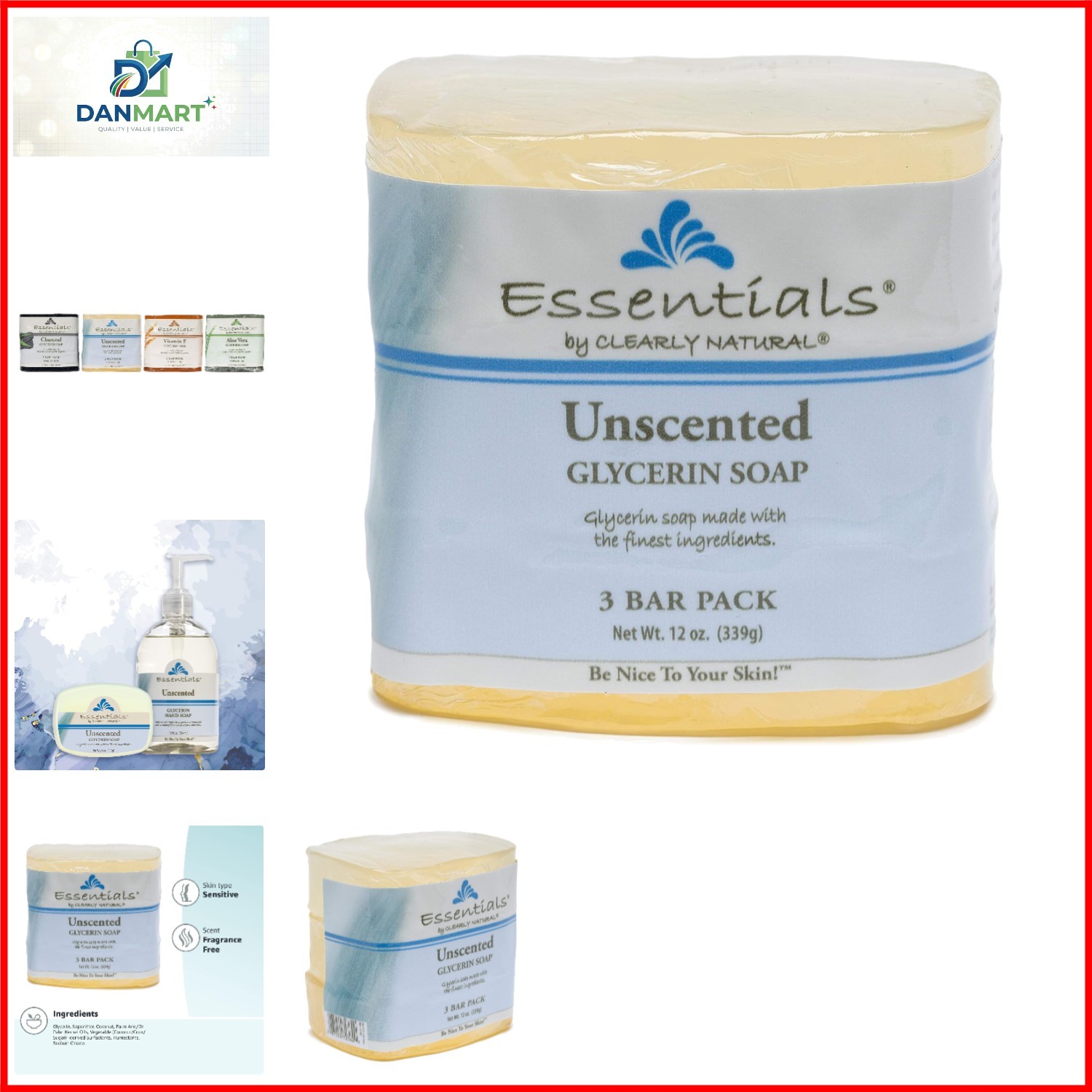 Essentials Glycerin Bar Soap, Unscented, 4 Ounce, Pack of 3 Packaging May Vary