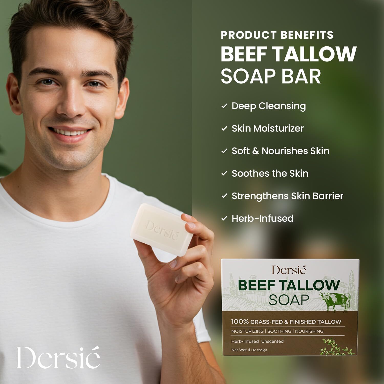 Dersie Organic Beef Tallow Soap for Face & Body with 100% Grass-Fed Moisturizing