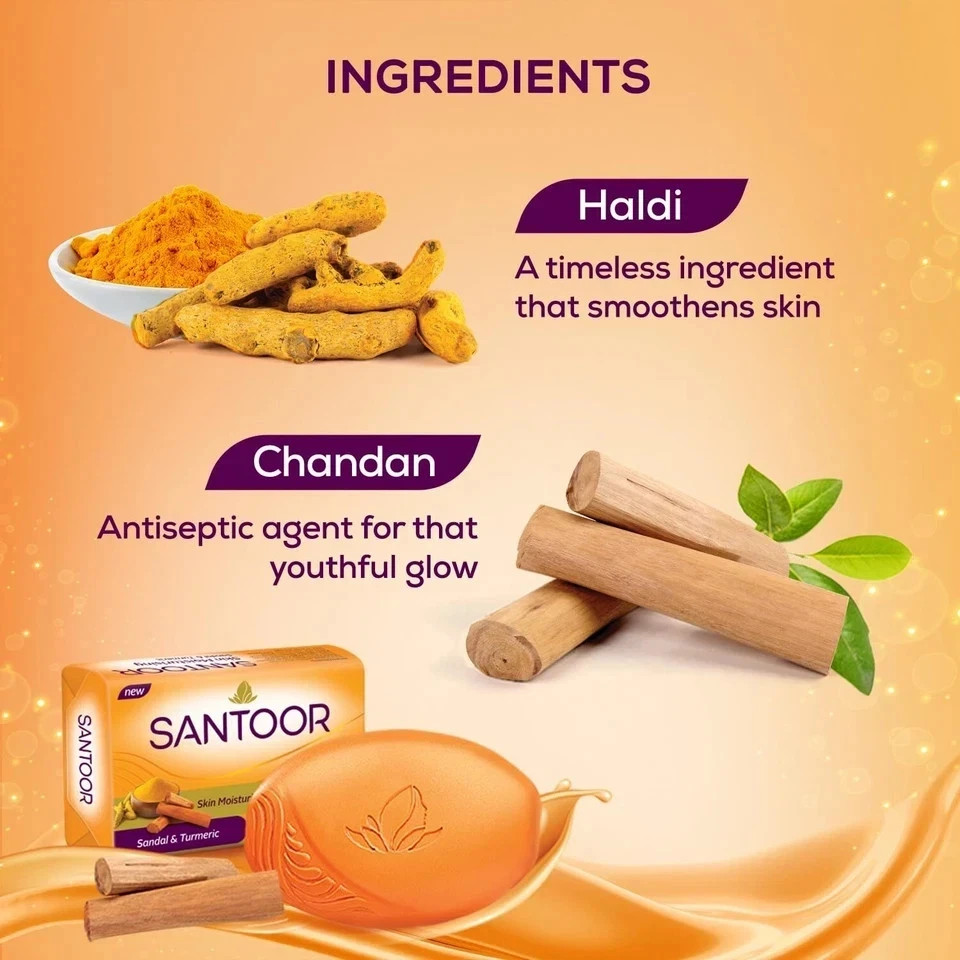 Santoor Sandal & Turmeric Soap (4 x 100g) Moisturizing & Skin Brightening Bars