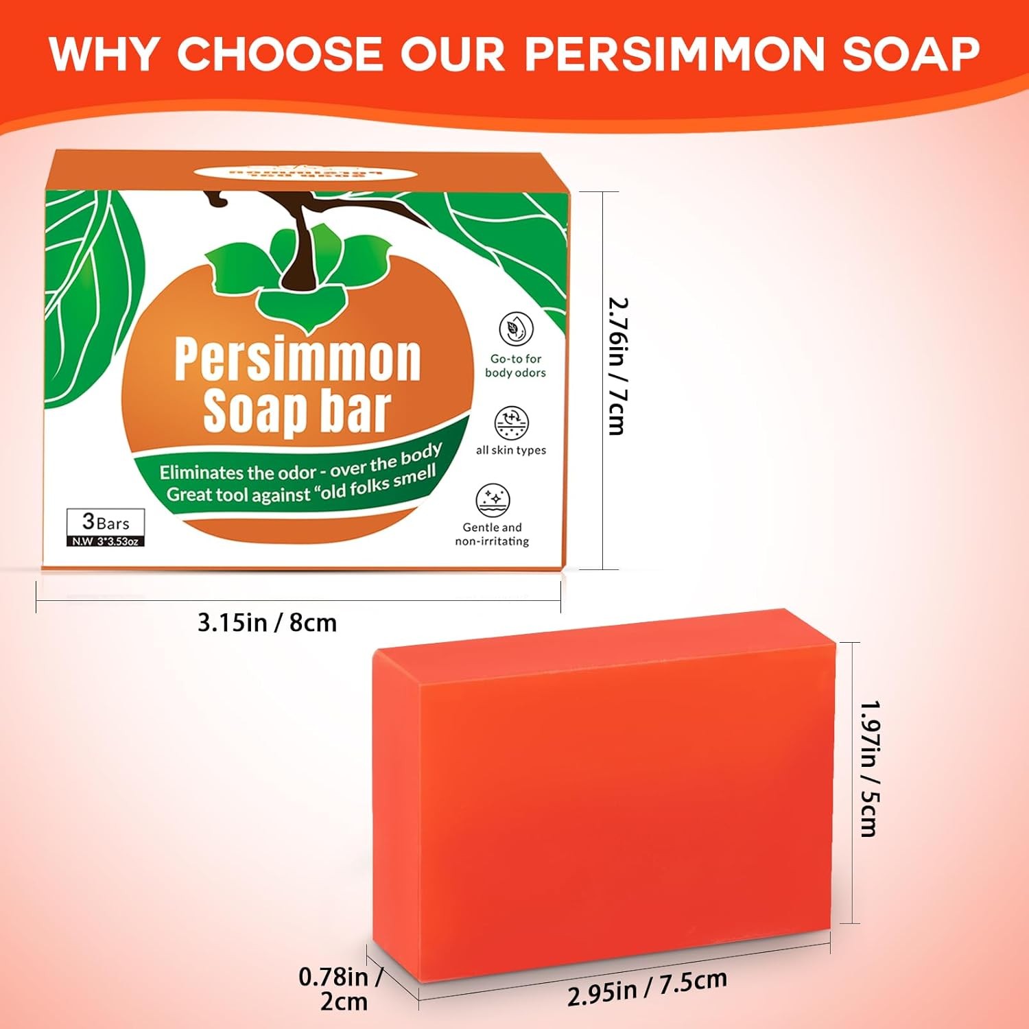 3 PCS Persimmon Soap Bar for Body Odor Control, Natural Body Bar Soap for Old Pe