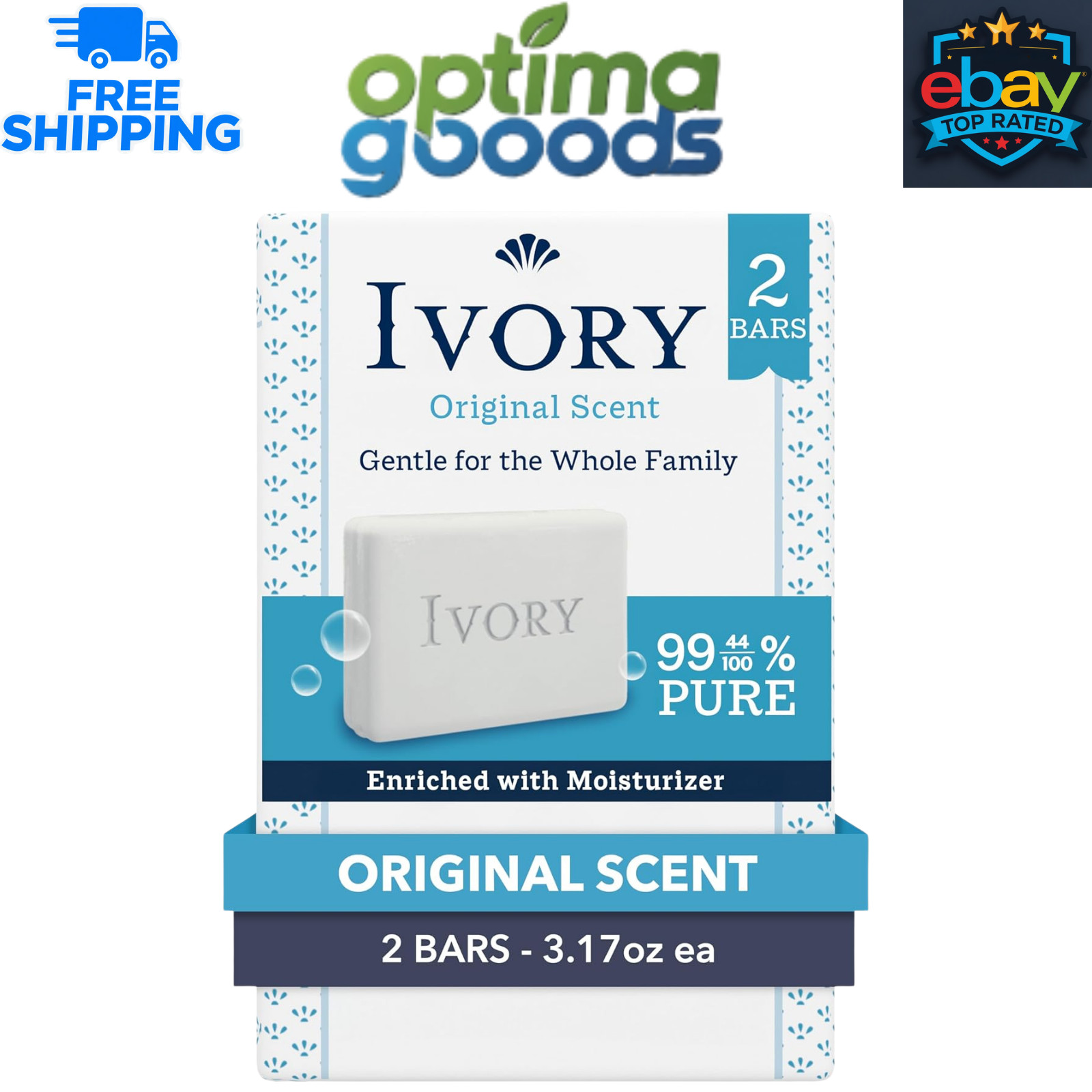 Ivory Gentle Bar Soap Original Scent, 3.17 oz, 2 Count, 99.44% Pure Cleanser
