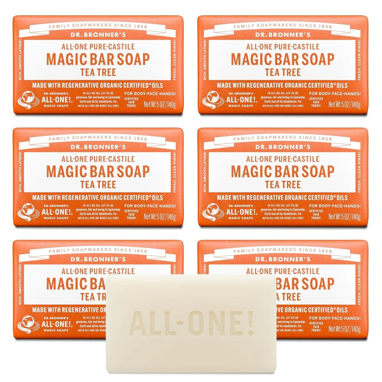 Dr. Bronner’s Pure-Castile Bar Soap Tea Tree 5 oz Each (Pack of 6)