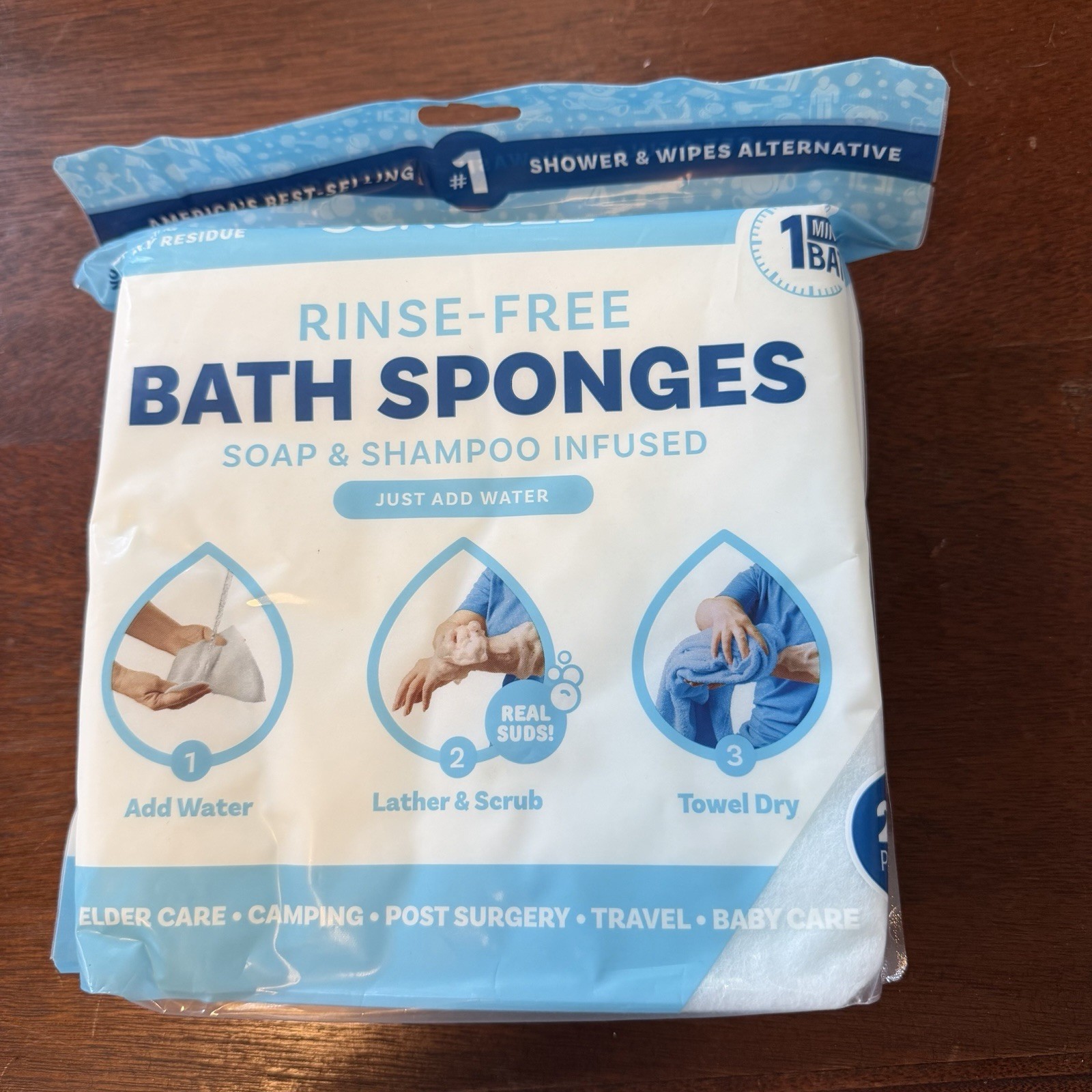 Scrubzz Disposable Rinse Free Bath Sponges Sensitive Skin Soap and Shampoo 25 Ct