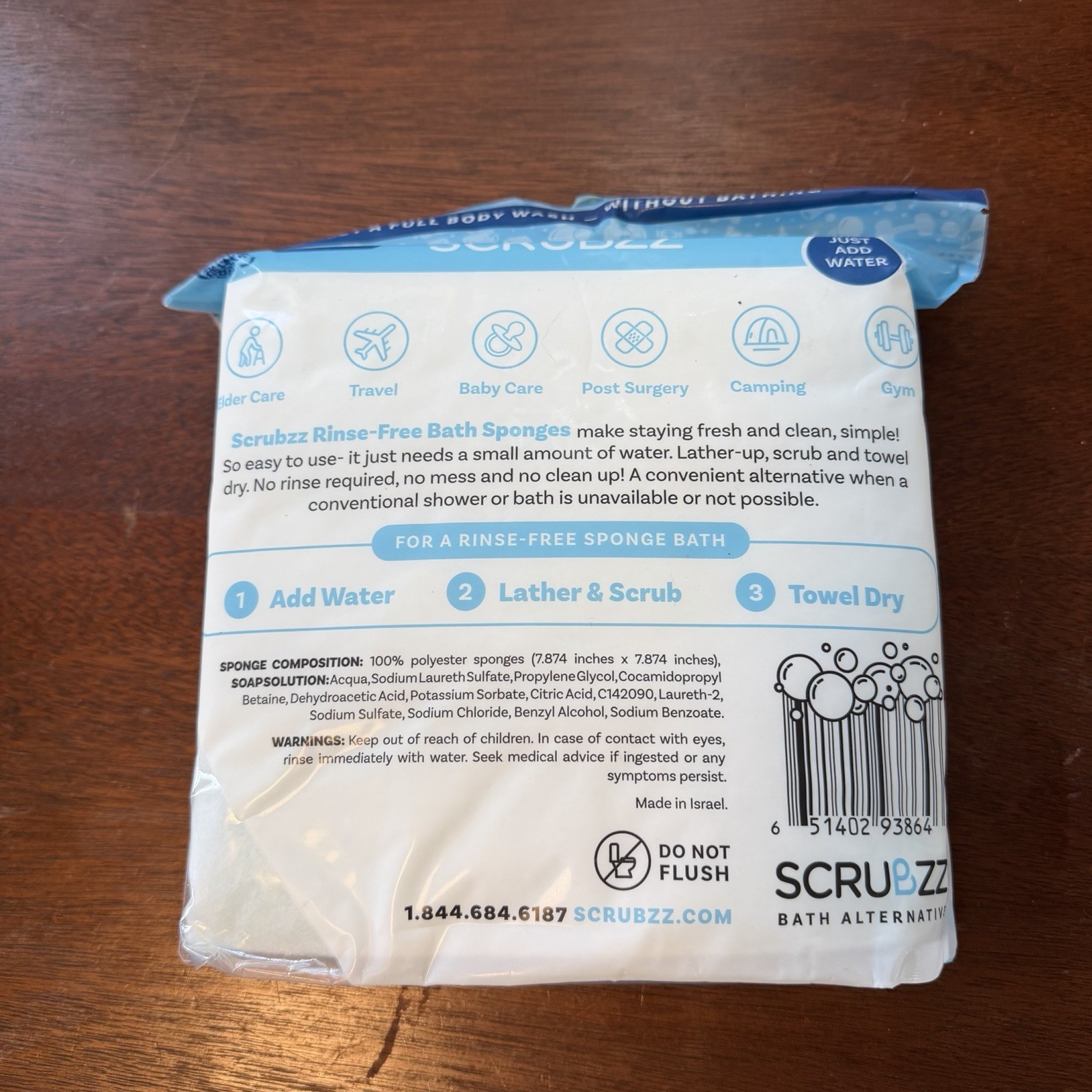 Scrubzz Disposable Rinse Free Bath Sponges Sensitive Skin Soap and Shampoo 25 Ct