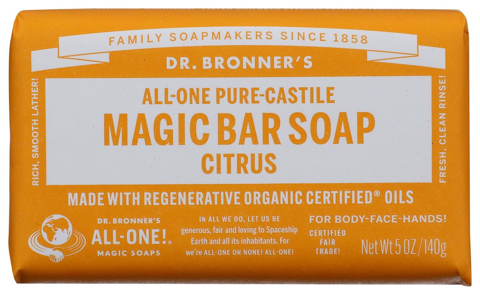 Dr Bronner’s All One Hemp Citrus Orange Pure Castile Bar Soap 5 Oz Vegan Organic