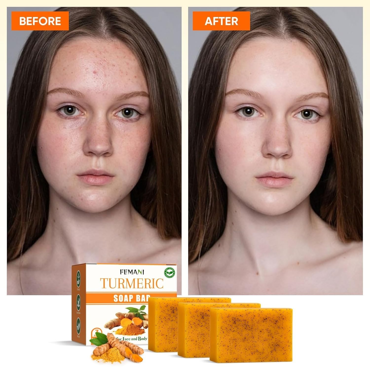 femani 3 PCS Turmeric Soap Bar for Face and Body, Lemon Turmeric Face Wash with
