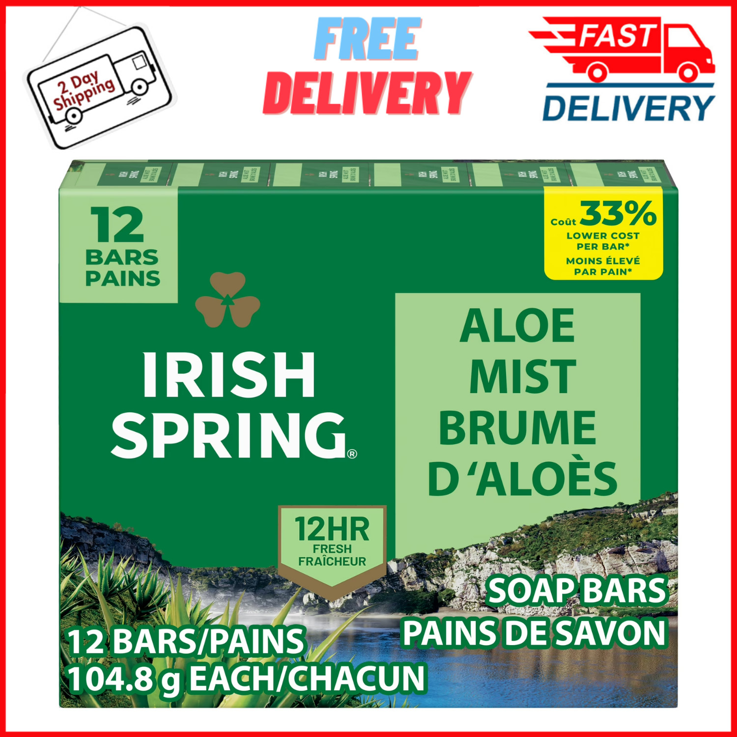 Irish Spring Aloe Mist Deodorant Bar Soap for Men, 3.7 oz Bar (12 Pack)