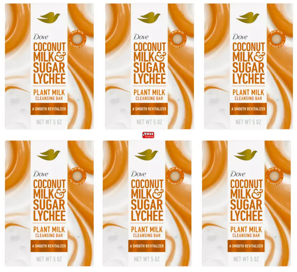 Dove Smooth Revitalizer Coconut Milk &Sugar Lychee Cleansing Bar Soap 5oz -6Pack