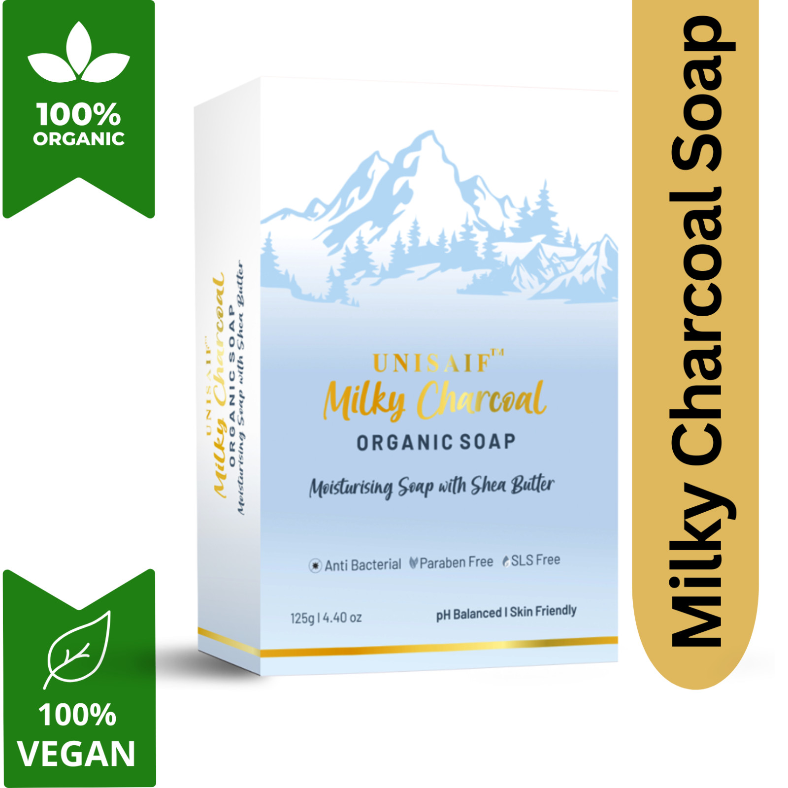Unisaif Milky Charcoal Organic Body Soap Bar, Moisturizing Soap With Shea Butter