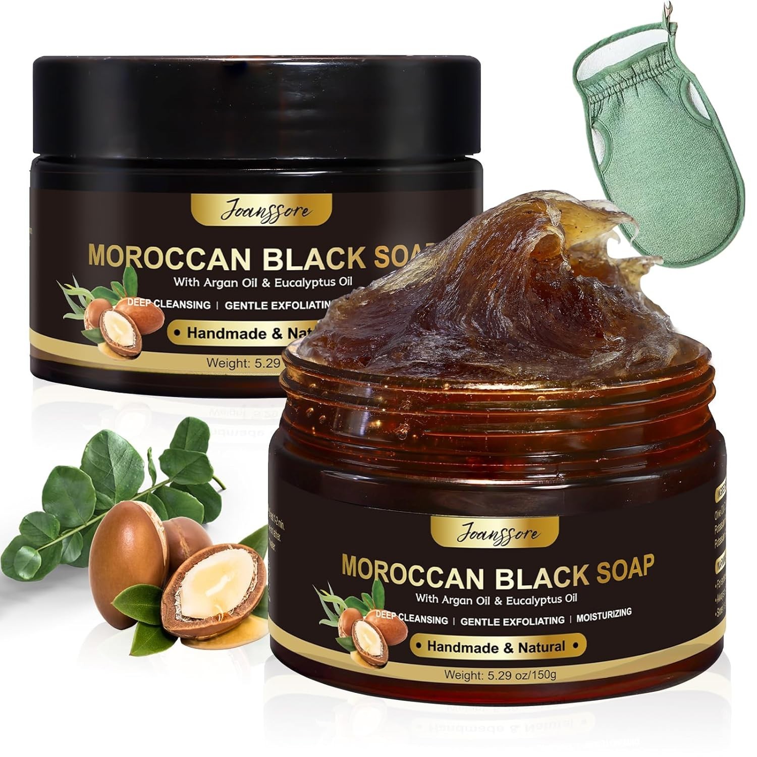 Moroccan Black Soap Hammam 2 Pack, Exfoliating Body Scrub with Glove, Argan Oil