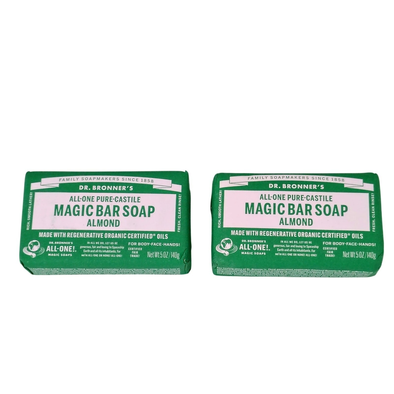 Dr. Bronners Pure Castille Magic Bar Soap Almond 5 oz. Body Face Hands Lot of 2