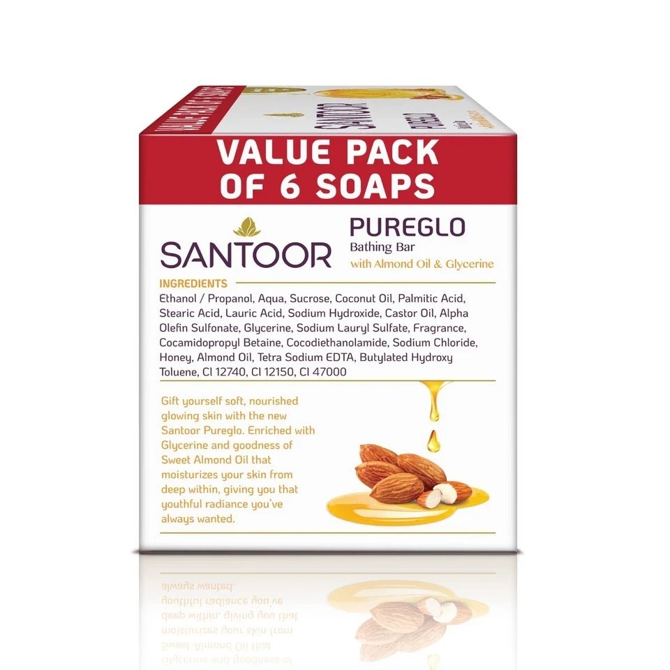 Santoor PureGlo Glycerine Soap 125g x6 | Almond Oil Moisturizing Bar S508