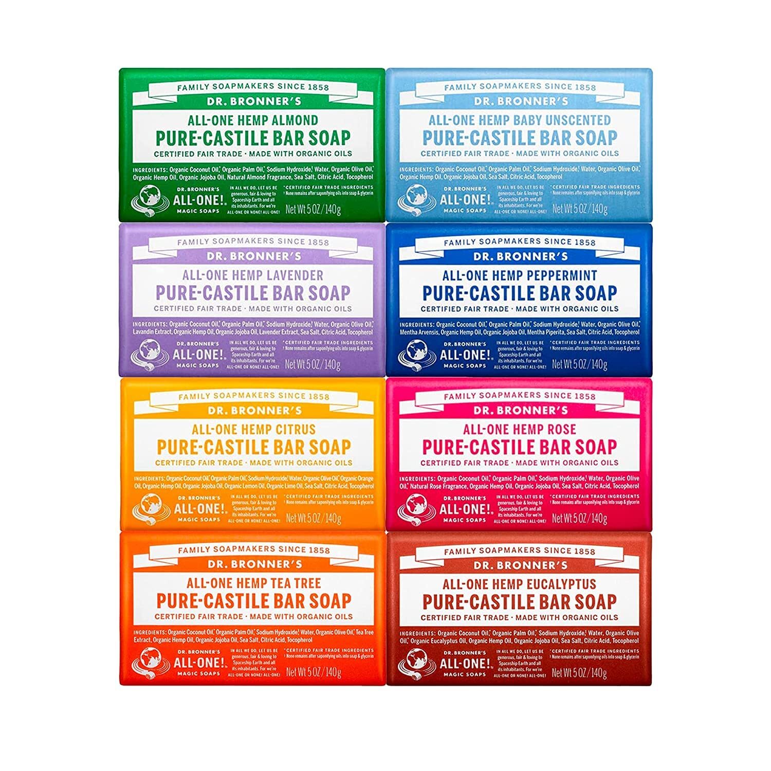 Dr Bronner’s Pure Castile Bar Soap Variety Pack 8 Count Organic 5 oz Each