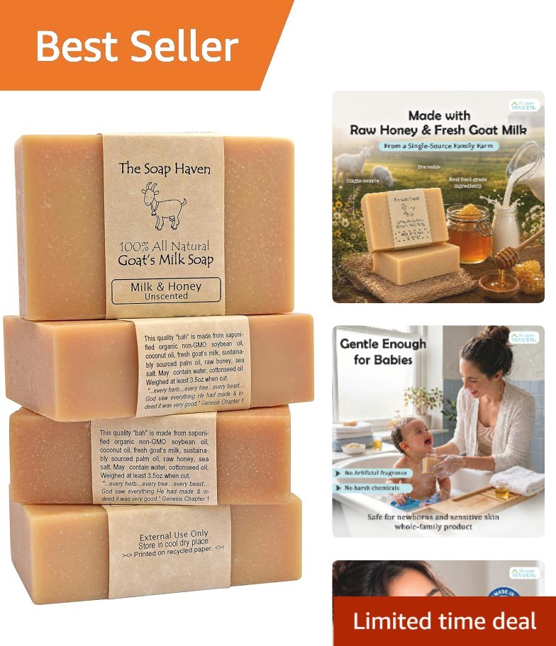 4 Goat Milk Soap Bars with Honey – Unscented & Fragrance-Free for Sensitive Skin