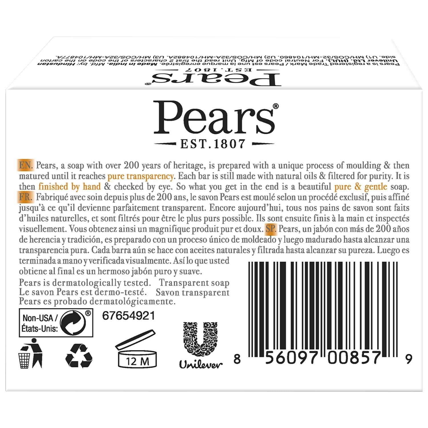 12 Pack Pears Pure & Gentle Transparent Soap 4.4 oz/125 g. Bar Soap, Orange