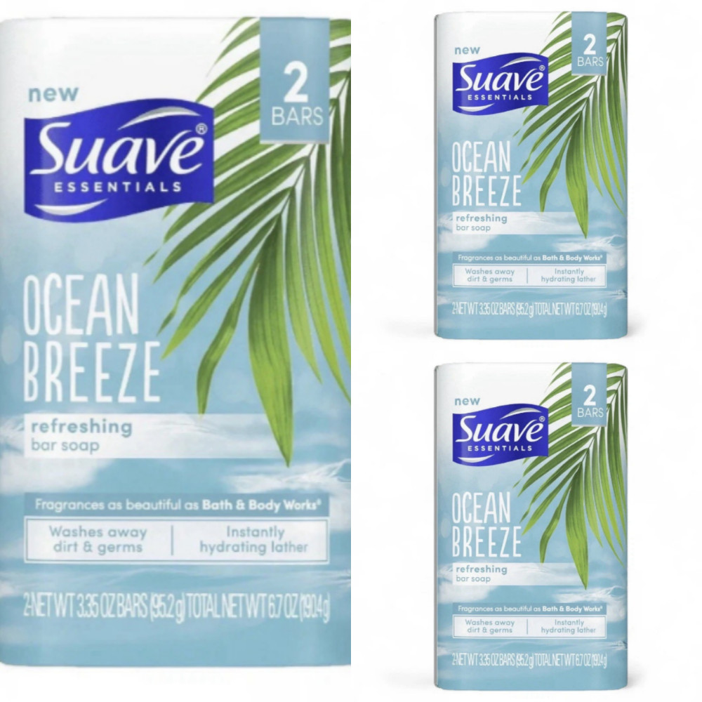 Suave Bar Soap 6 Pack Ocean Breeze 3 x 2 Pack = 6 Bars 3.35 Oz Refreshing NEW