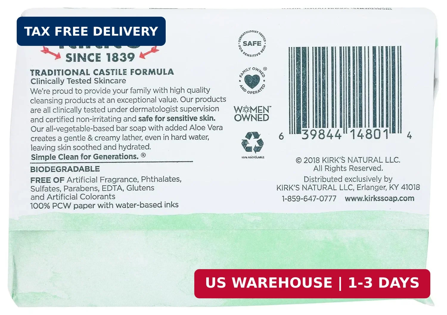 Kirk’s Original Coco Castile Bar Soap Soothing Aloe Vera, 4 Oz