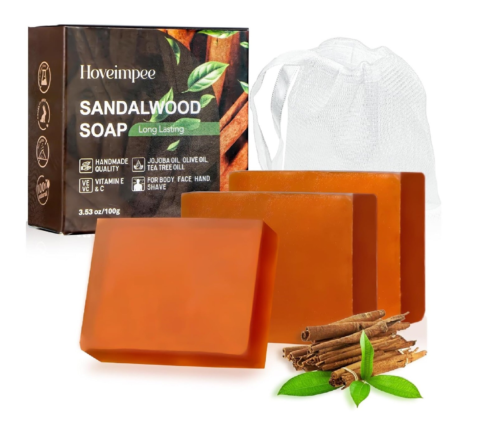 3 Pack Sandalwood Mens Bar Soap, Natural Soap Infused Jojoba 3.53 oz Soap Bar