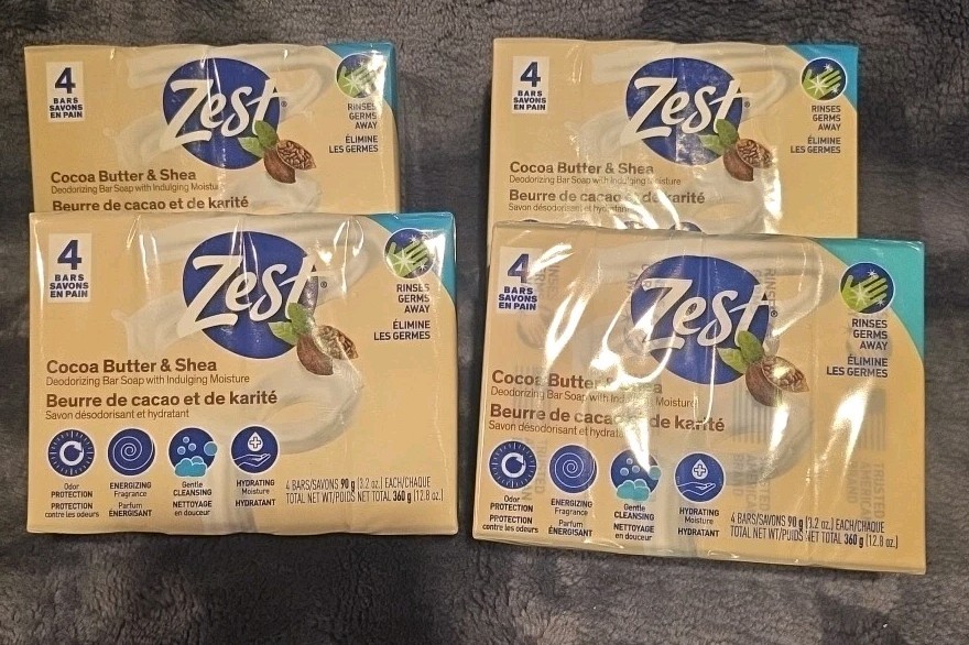 Lot Of 4 Zest Cocoa Butter & Shea Bar Soap, for All Skin Types, 3.2oz, 4 Bars