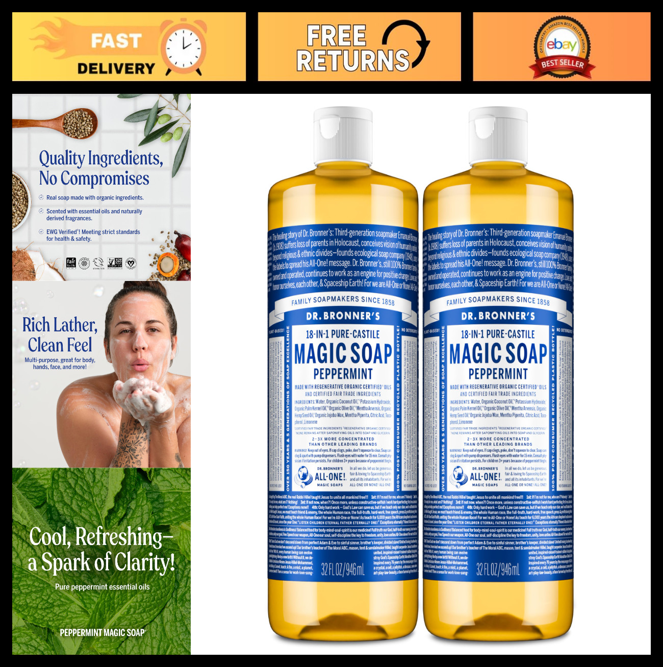 Pure-Castile Liquid Soap 32 oz (2-Pack) – Organic, Vegan, Non-GMO, Peppermint –