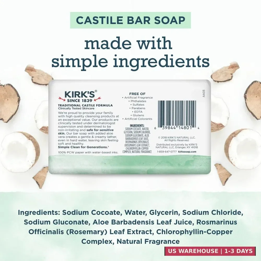 Kirk’s Castile Bar Soap for Men, Women & Children – Made with Premium Coconut Oi