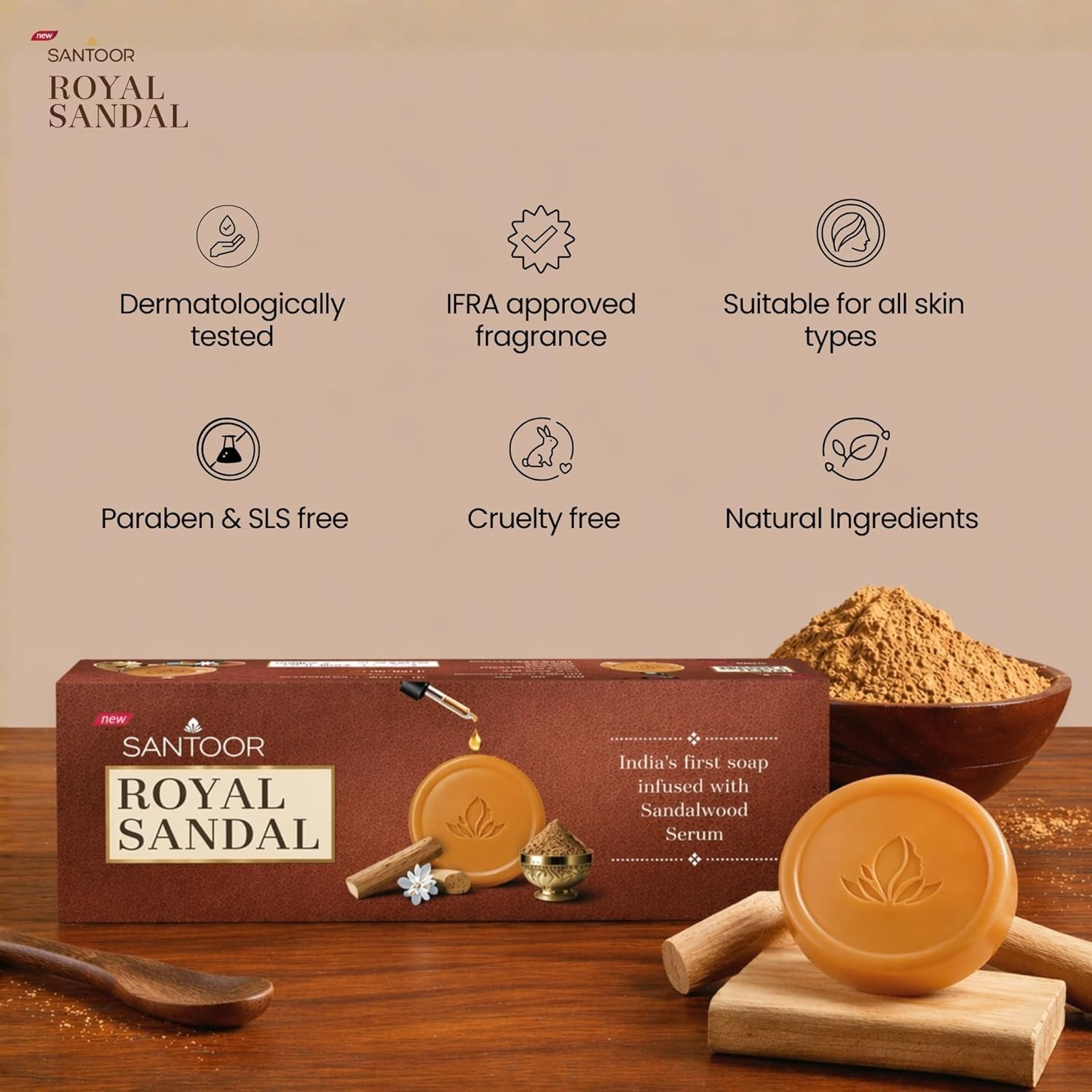 Santoor Royal Sandal Soap | Infused with Sandalwood Serum | 150g x 3 Soaps