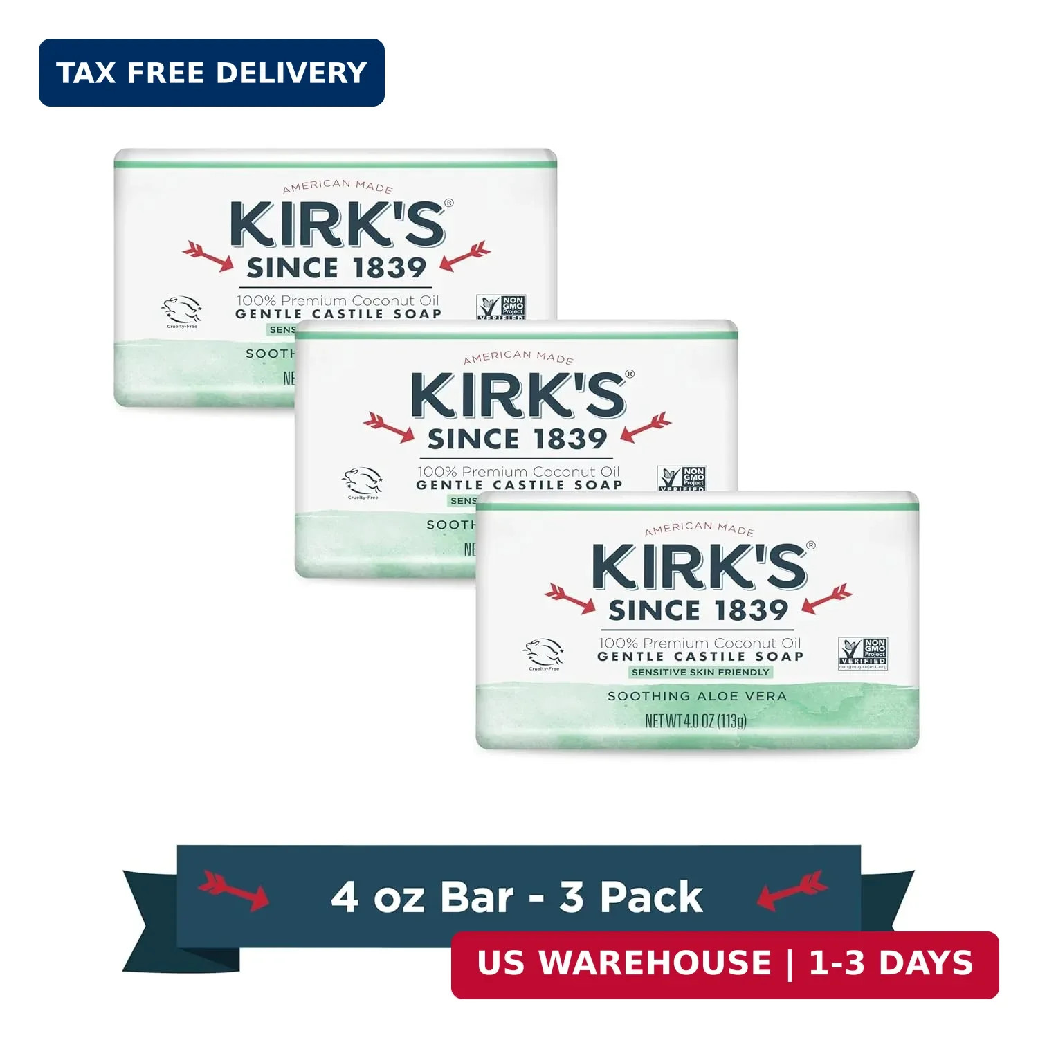 Kirk’s Gentle Castile Soap – Soothing Aloe Vera, 4 Ounce (Pack of 3)