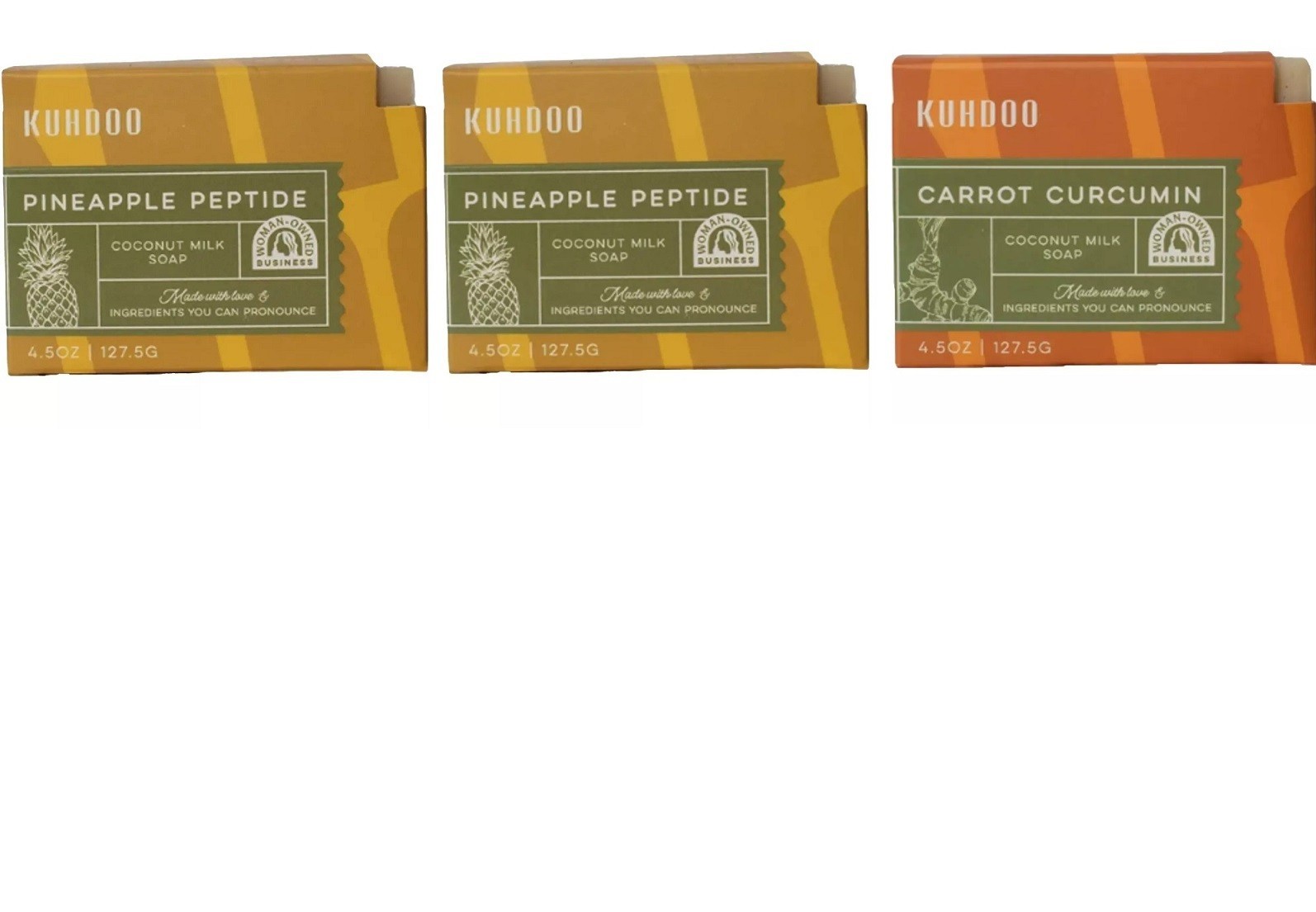 Kuhdoo 2 Pineapple Peptide Bar Soap & 1 Carrot Curcumin 4.5 oz each total 3