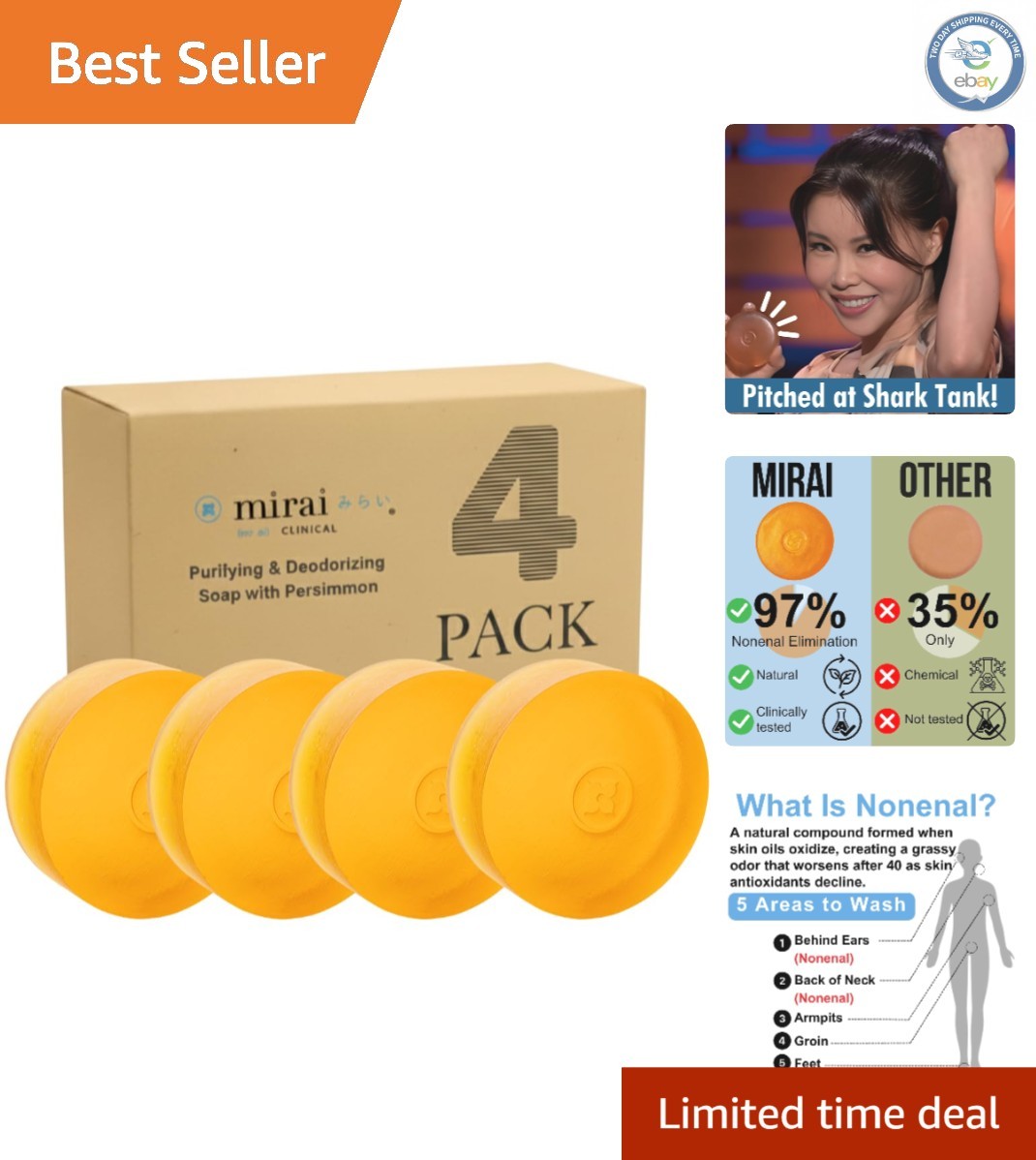 Gentle Body Odor Soap – Clinical Persimmon & Green Tea Bars, 4 x 100g Value Pack