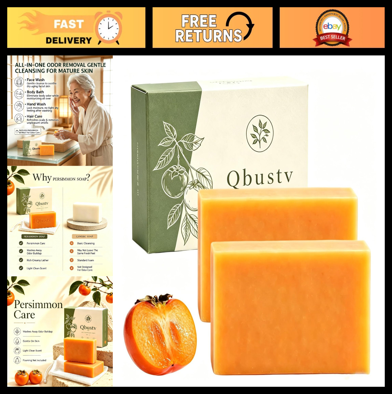 Moisturizing Persimmon Soap Bar for Mature Skin – Deodorizing Body Wash, 2 Pack