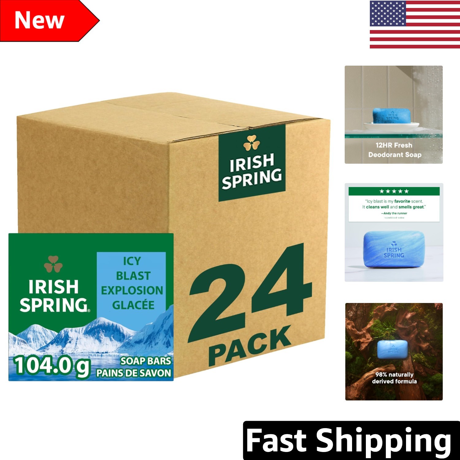 Fresh Icy Blast Deodorant Bar Soap for Men – 98% Natural, 24 Bars
