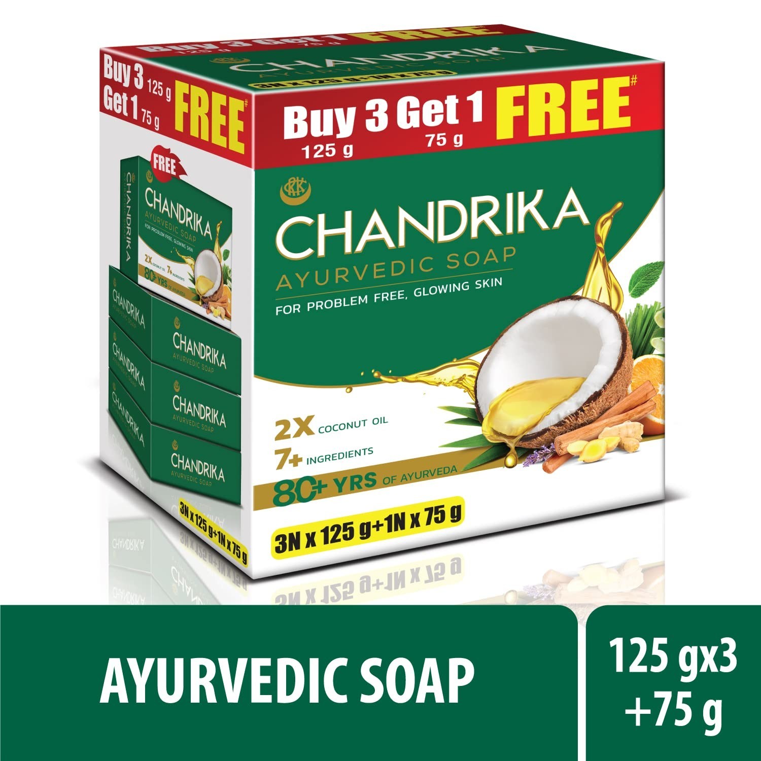 Chandrika Ayurvedic Soap 3x125g +75g Free Herbal Natural Skin Care Bar