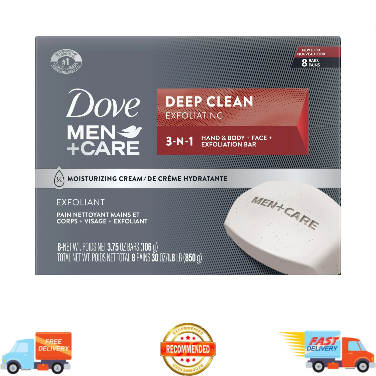 Dove Men+Care Men’s 3-in-1 Bar Soap Deep Clean, 3.75 oz, 8 Bars, Free Shipping