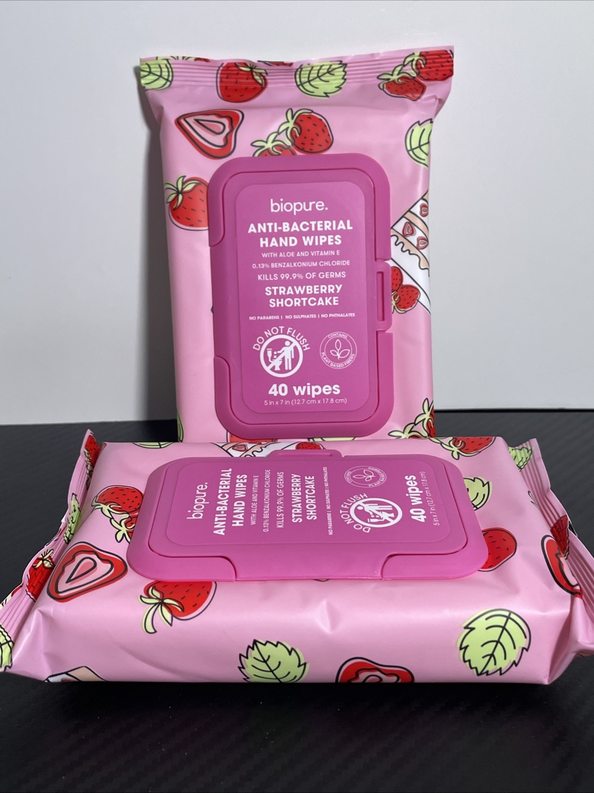 Lot Of 2 Biopure 80 Total Anti-Bacterial Hand Wipes Strawberry Shortcake New