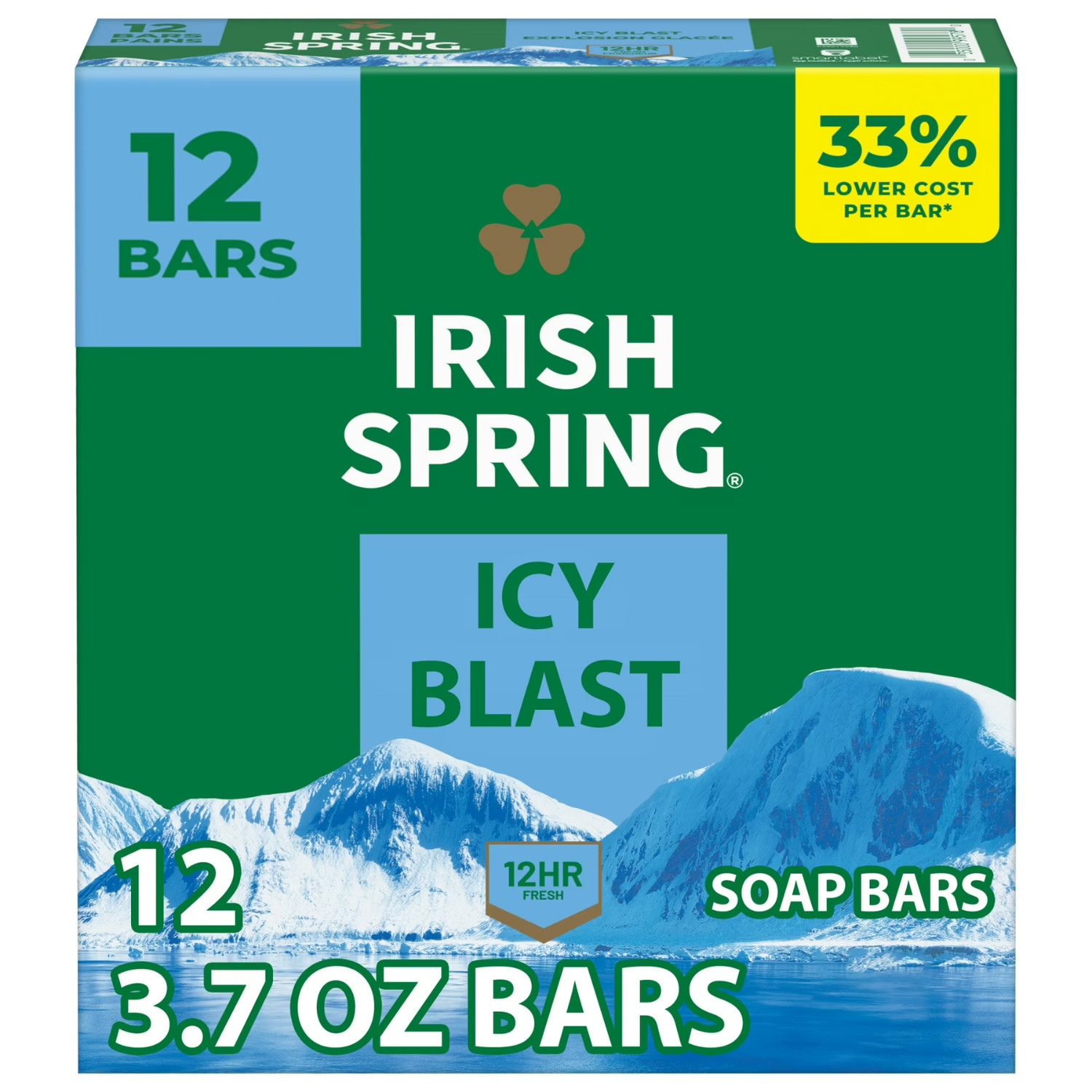Irish Spring Icy Blast Bar Soap for Men, Mens Bar Soap, 12 Pack, 3.7 oz Soap Bar