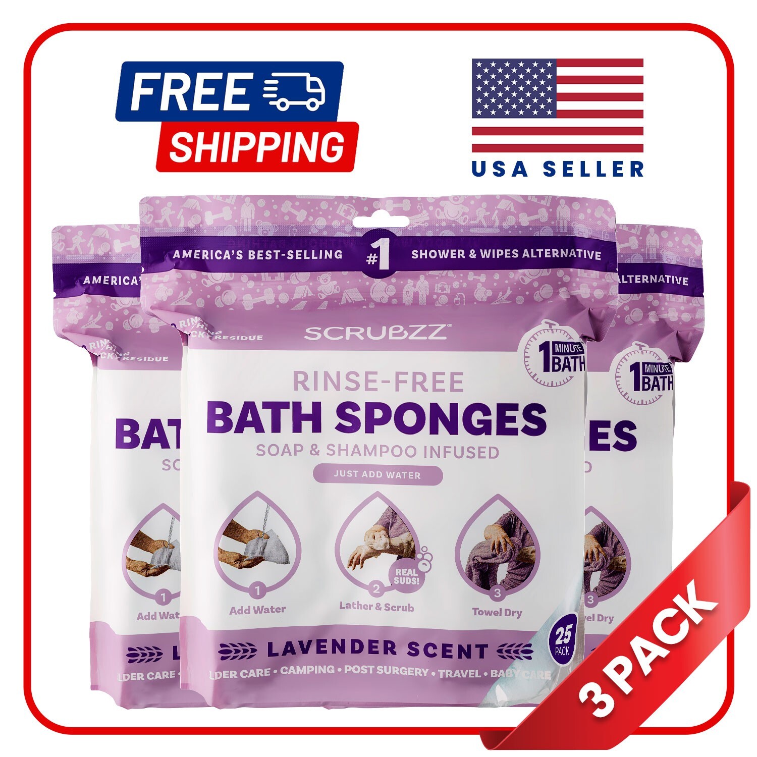 Scrubzz Disposable Rinse Free Bathing Sponges – Lavender, 75 Count
