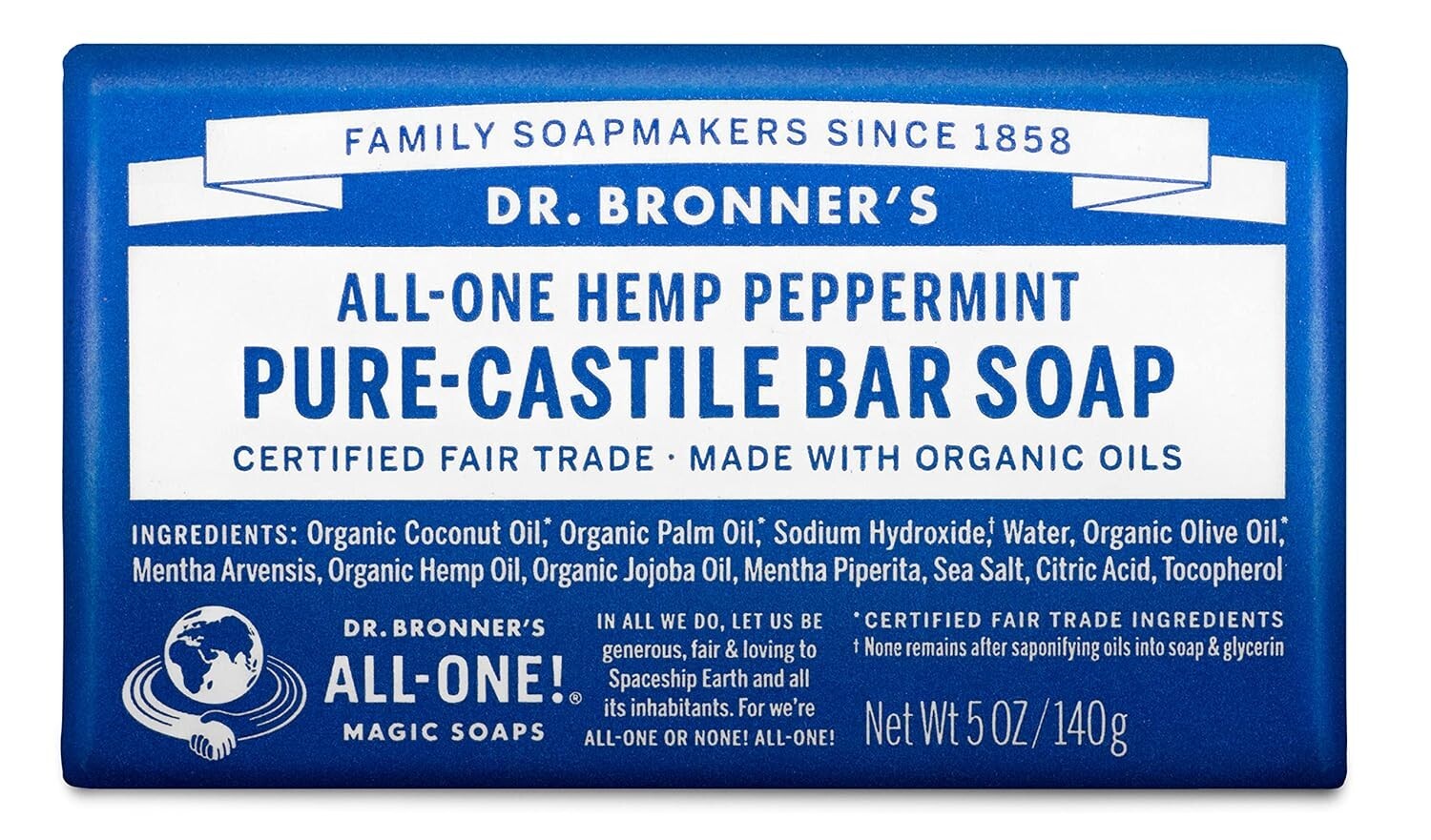 Dr. Bronner’s Organic All-One Pure-Castile Bar Soap, Peppermint – 5oz