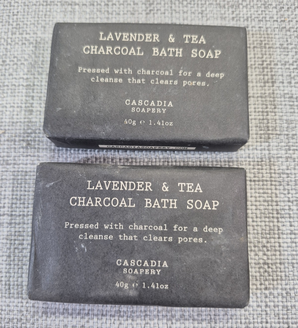2 travel size bars Cascadia Soapery Lavender & Tea Charcoal Soap 1.41 oz Disc.