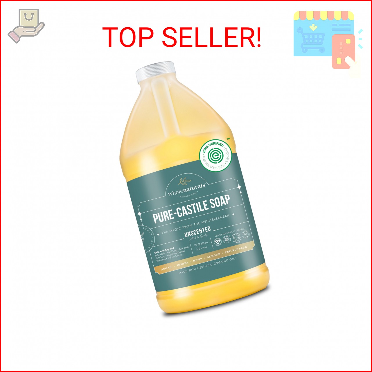 WHOLENATURALS Pure Castile Soap Liquid, EWG Verified & Certified Palm Oil Free U