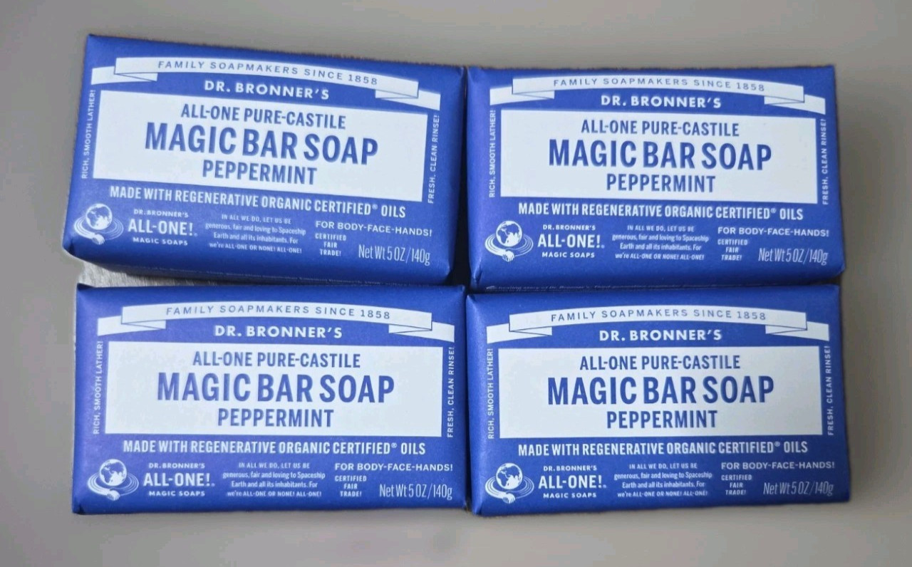 Dr. Bronner’s Peppermint Magic Bar Soap 4 Pack Pure Castile Organic 5oz Bars New