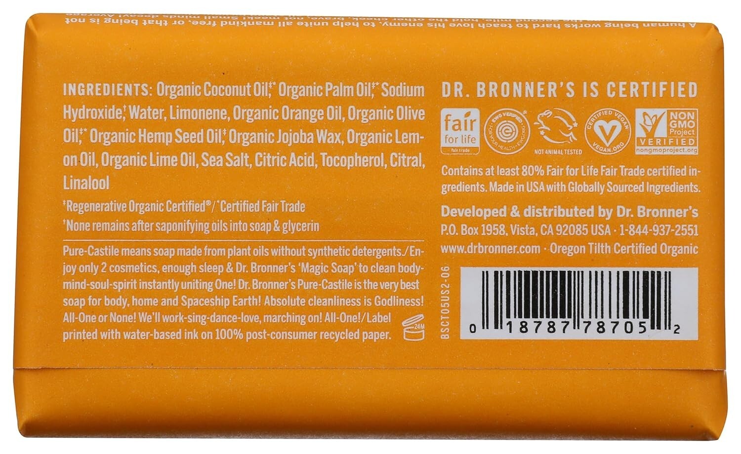 Dr. Bronner’s Citrus Orange Castile Bar Soap 5 oz All One Hemp Natural Cleanse