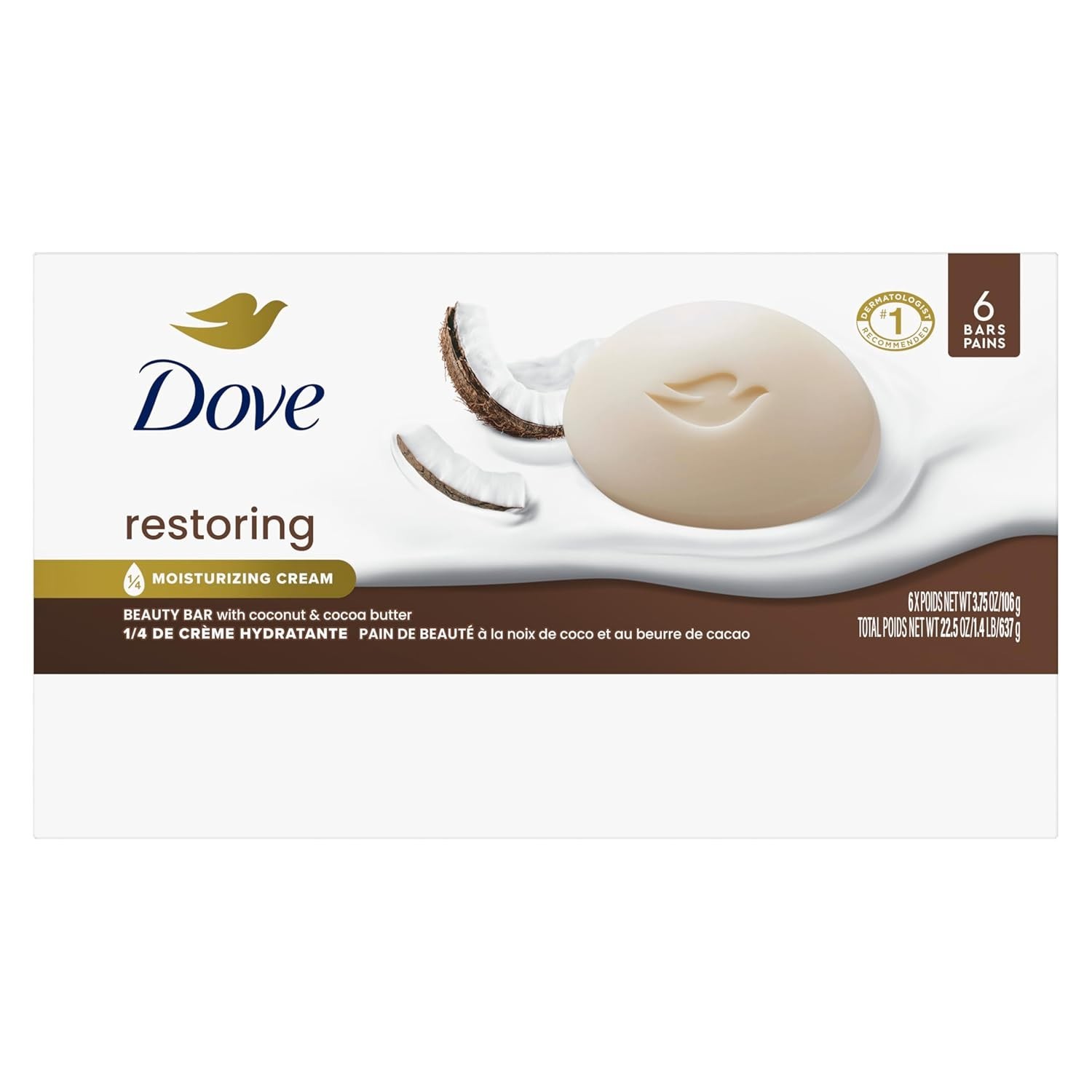 Dove Beauty Bar Soap Restoring Coconut & Cocoa Butter 6 Ct for Restored Skin