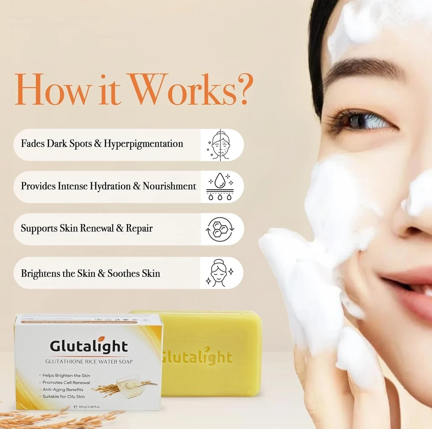 Glutalight Glutathione Rice Water Soap Fades Dark Spots & Hyperpigmentation 100g