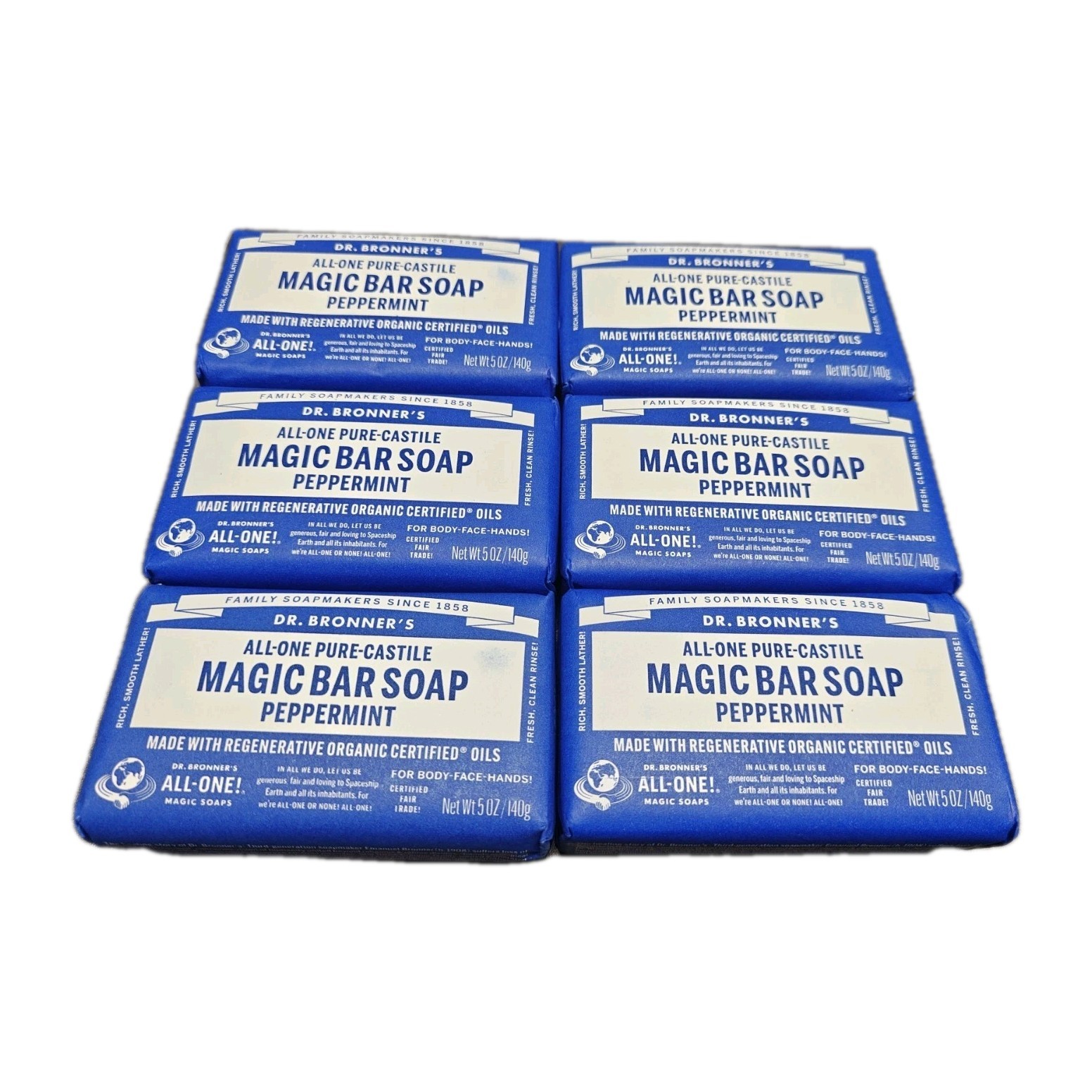 Lot of 6 – Dr. Bronner’s Organic All-One Pure-Castile Bar Soap, Peppermint – 5oz