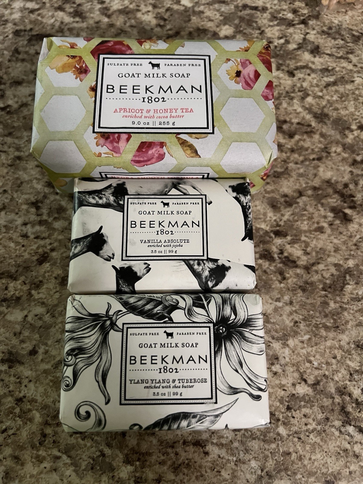Beekman Goat Milk Soap Bundle 9oz & Honey & Tea Plus 2 3.5oz Vanilla Absolute