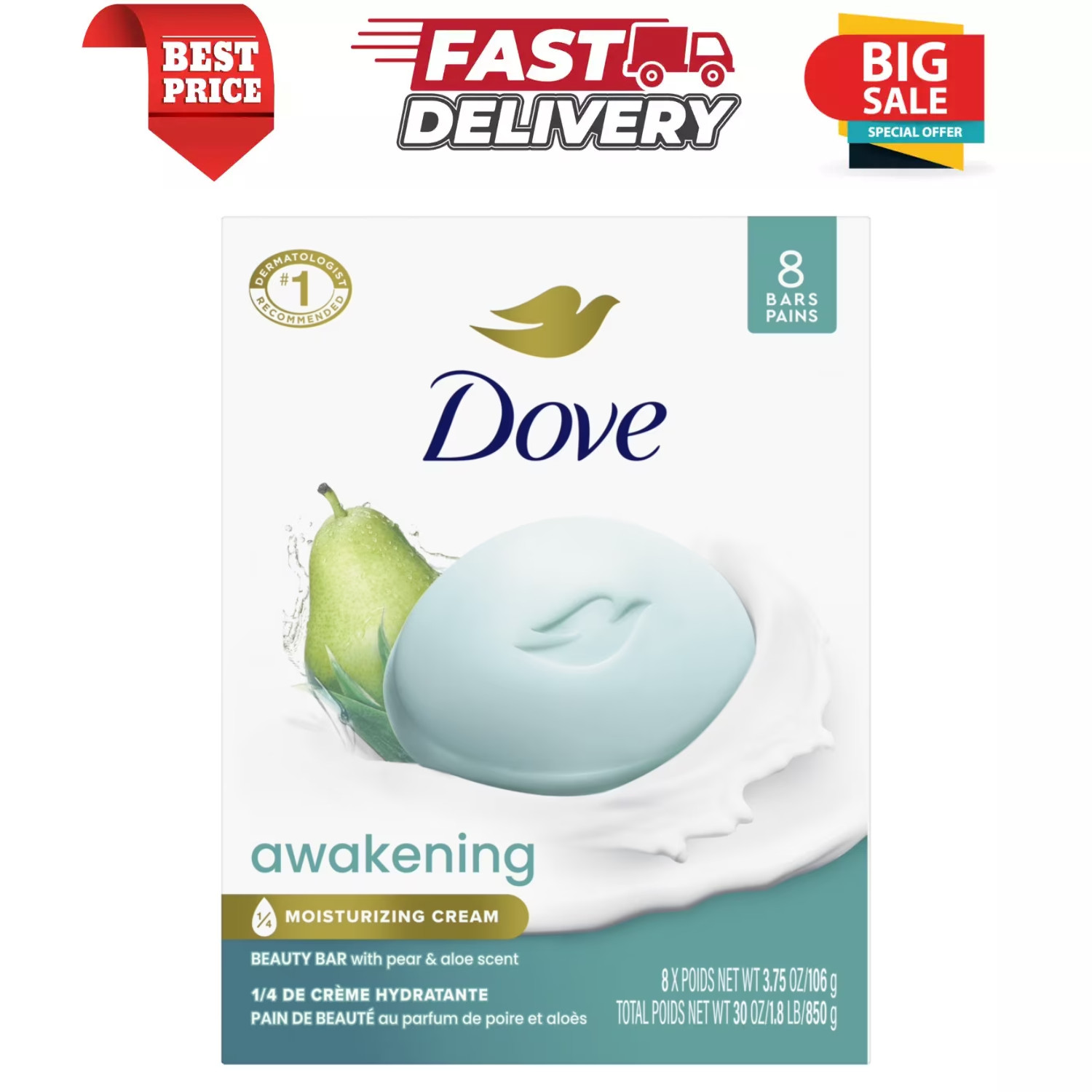 Dove Awakening Gentle Beauty Bar Soap All Skin Type, Pear and Aloe, 3.75oz, 24CT
