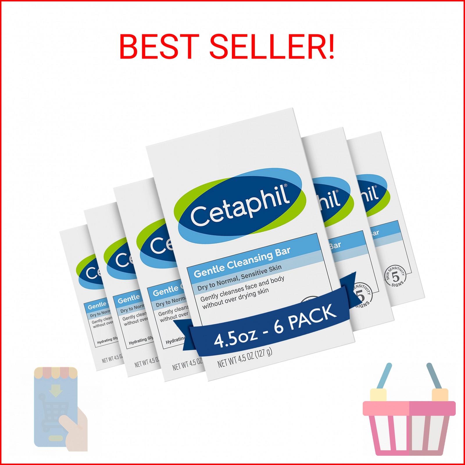 Cetaphil Gentle Cleansing Bar Soap, Sensitive & Dry Skin, 4.5oz, 6ct