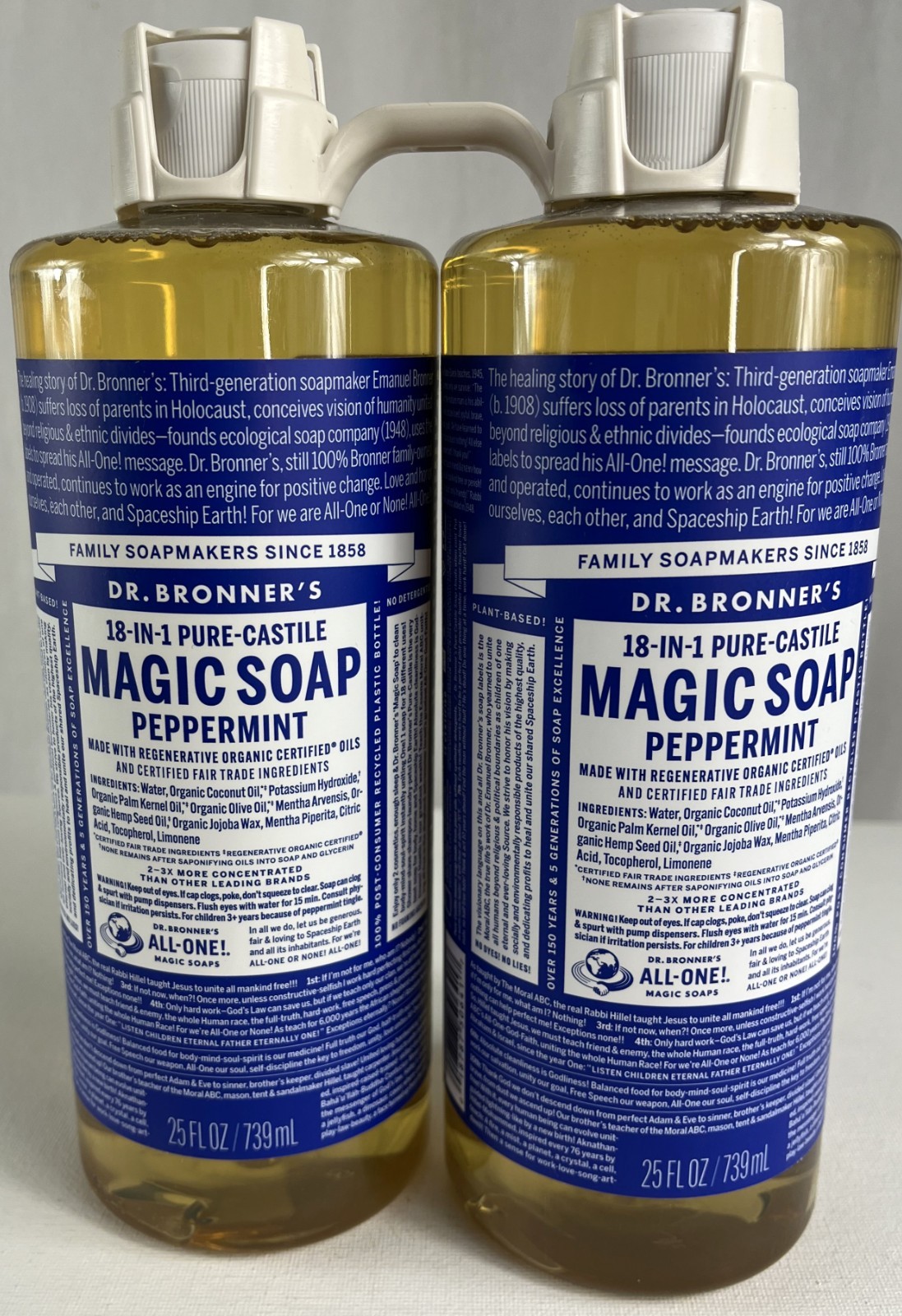 Dr Bronner’s Peppermint Pure-Castile Soap, 25oz x 2 bottles New