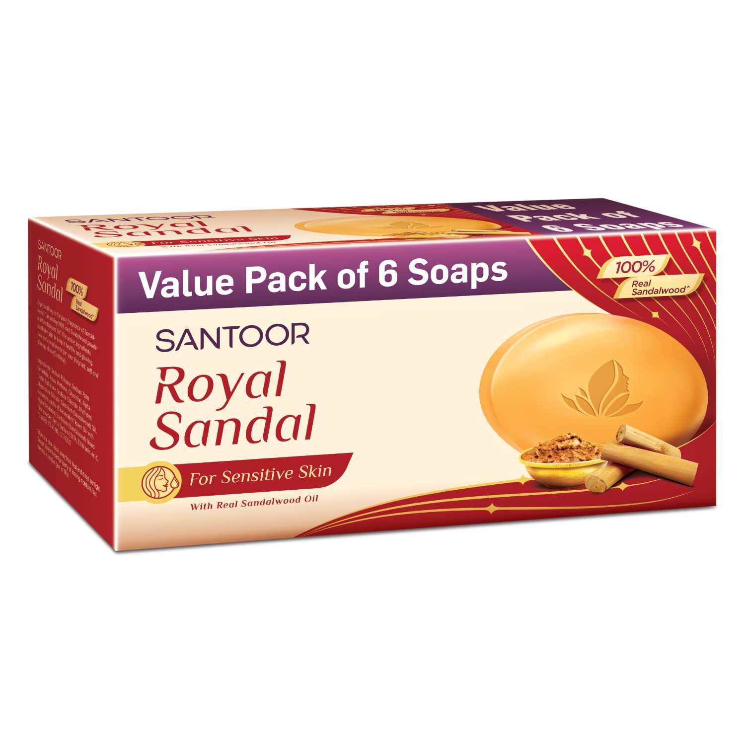 6No. Santoor Royal Sandal Bathing Soap for Sensitive Skin -125g -Free Ship