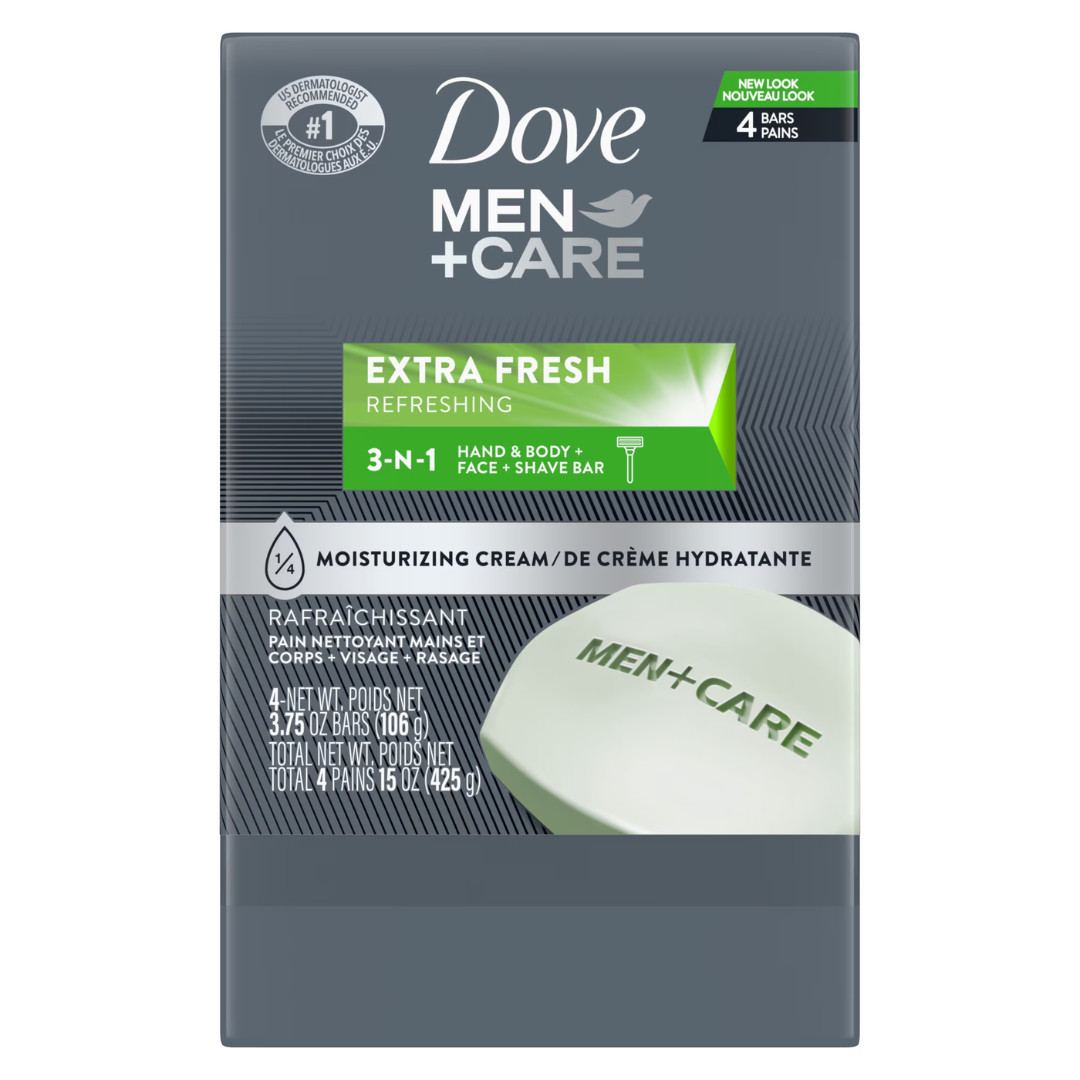 3 Pack Dove Men+Care Soap Extra Fresh, 3.75 oz, 4 Bars, Moisturizing Cleanser